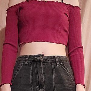 long sleeve red lettuce trim off the shoulder ribbed crop top